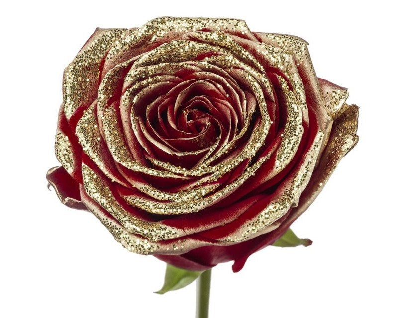 Blumenstrauß mit großen roten Rosen mit goldenem Glitzer