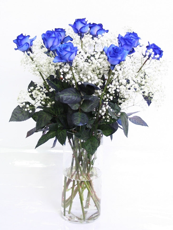 Bouquet de roses bleues de 10 roses avec blanc gypsophile