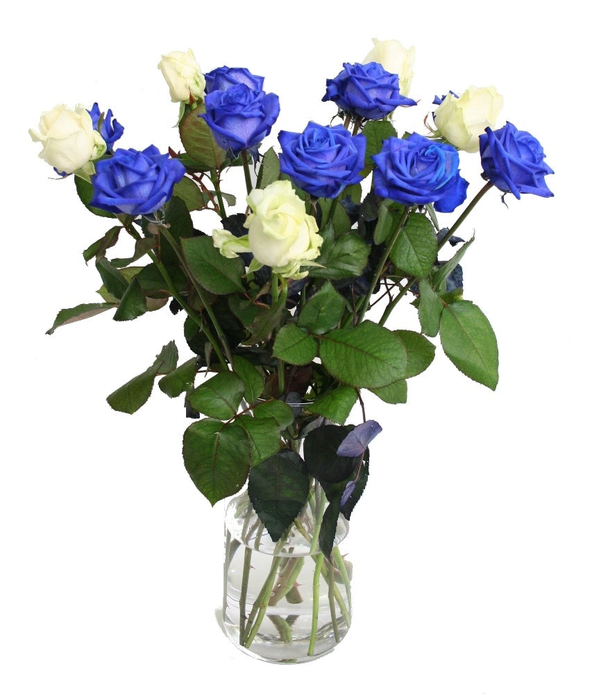 Bouquet von langen blauen Rosen mit cremefarbenen weißen Rosen