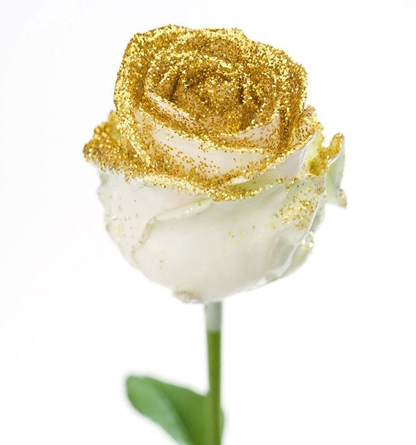 Bouquet of large -flowered wax roses white with golden glitter