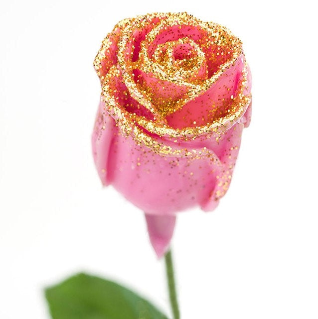 Blumenstrauß von großen Wachsrosen rosa mit goldenem Glitzer