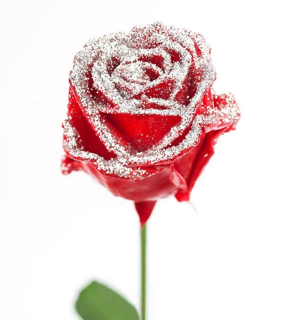 Bouquet of large -flowered wax roses red and silver glitter