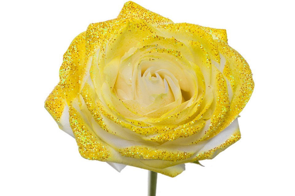 Bouquet of white large -flowered roses with yellow glitter