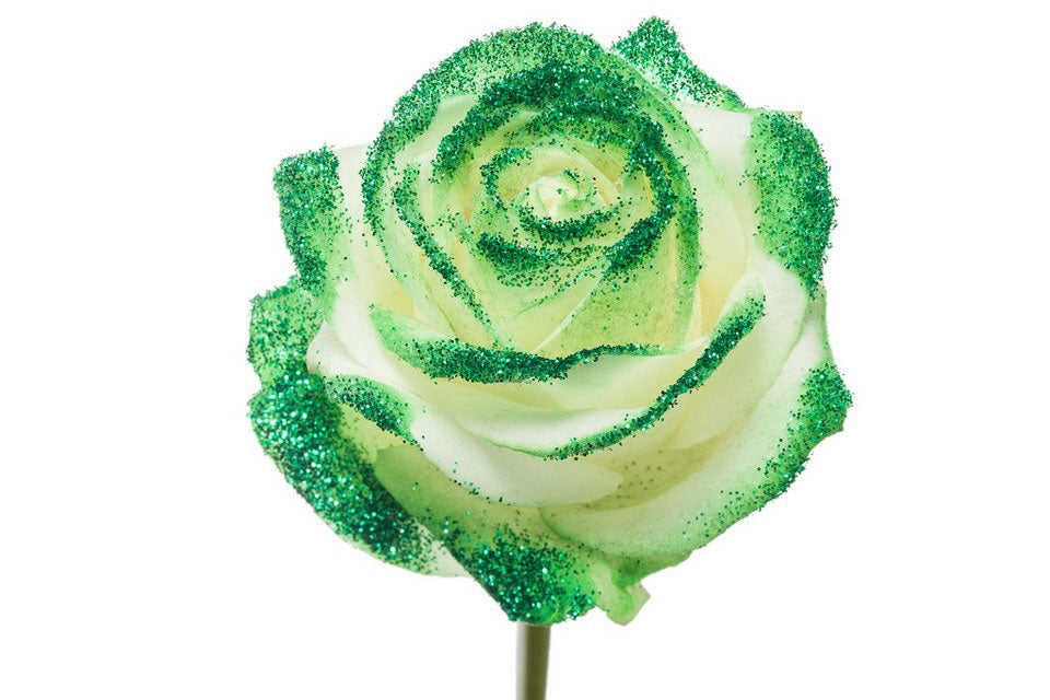 Bouquet of white large -flowered roses with green glitter