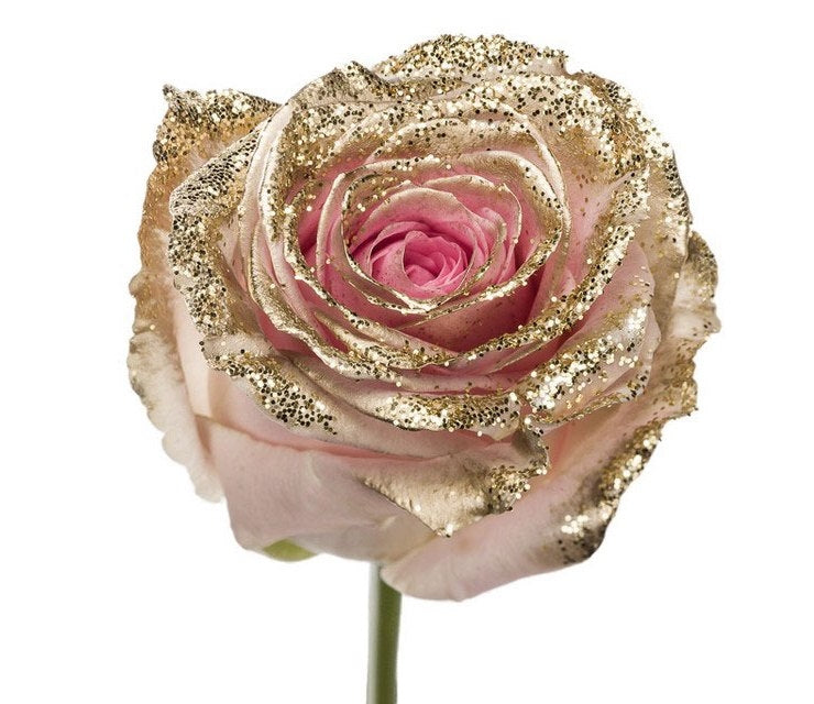 Bouquet of large -flowered pink roses with golden glitter