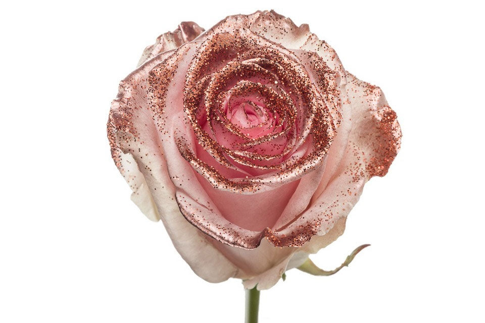 Bouquet of large -flowered pink roses with copper glitter