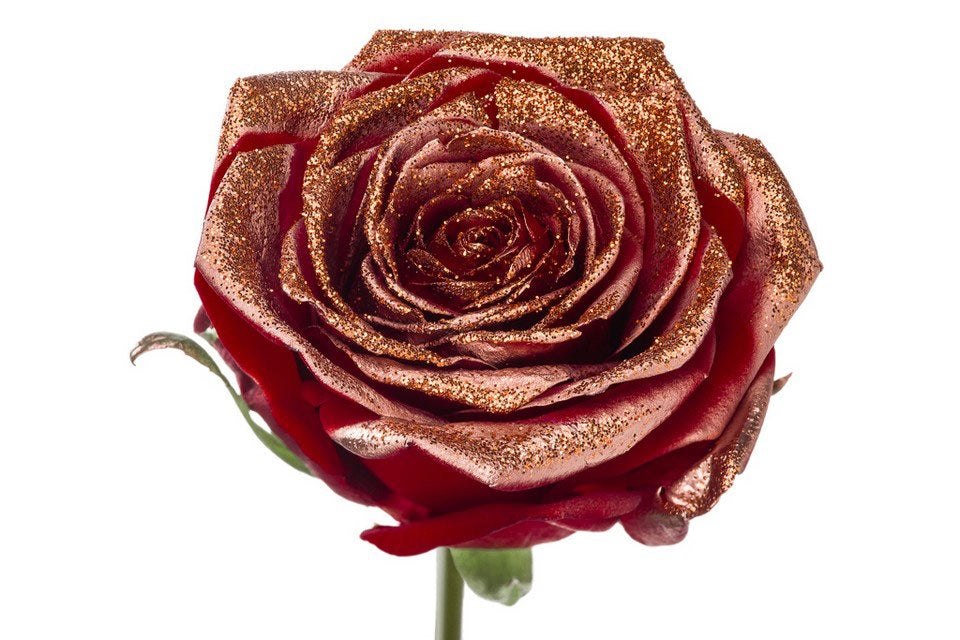 Bouquet of large -flowered red roses with copper glitter