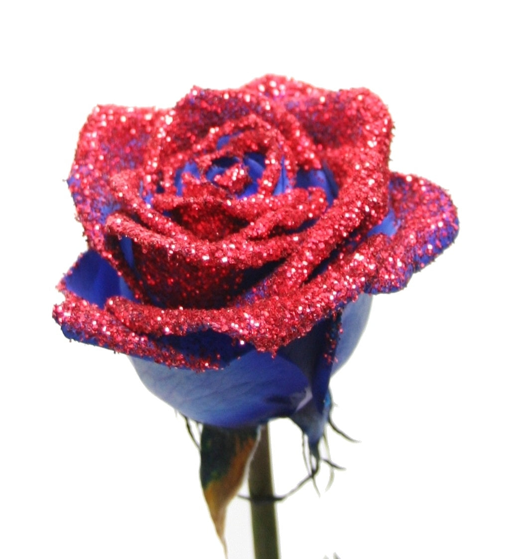 Bouquet of blue roses with red glitter