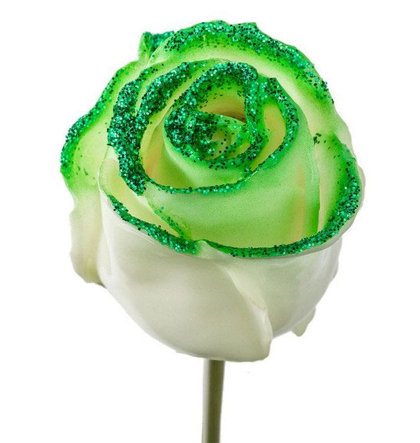 Bouquet de roses de cire blanc avec des paillettes vertes
