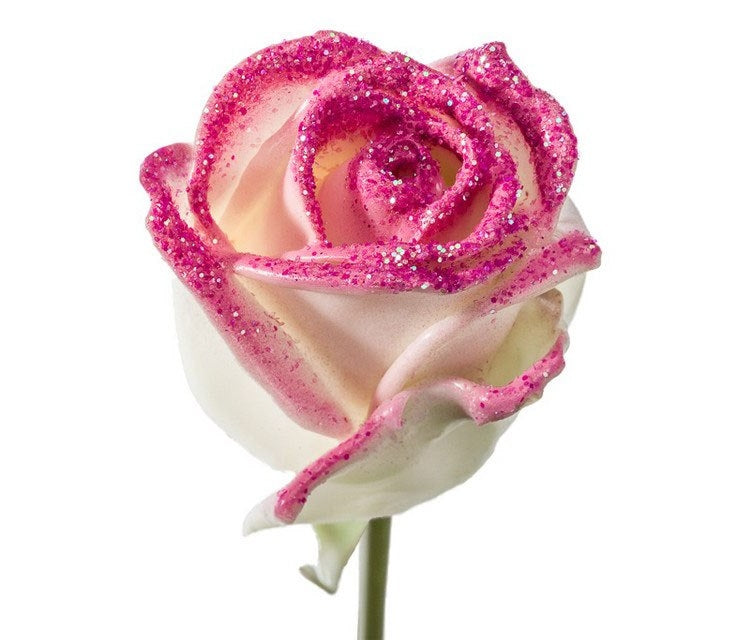 Bouquet de roses de cire blanc avec des paillettes roses