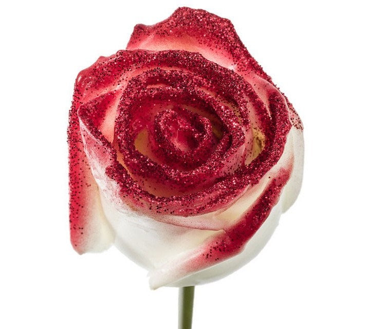 Bouquet de roses de cire blanc avec des paillettes rouges